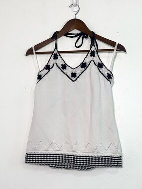 Ann Taylor Loft Crochet Trim Halter Top Black White Boho Tank Size M